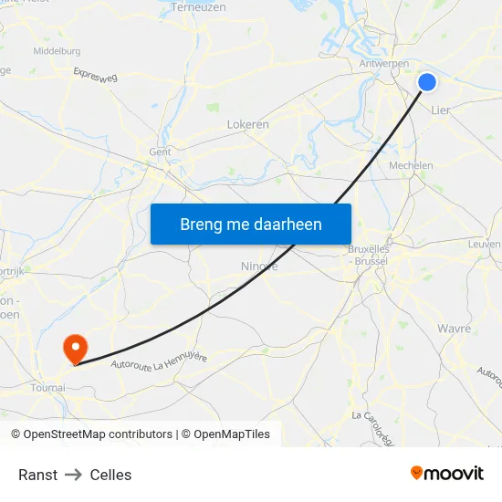 Ranst to Celles map