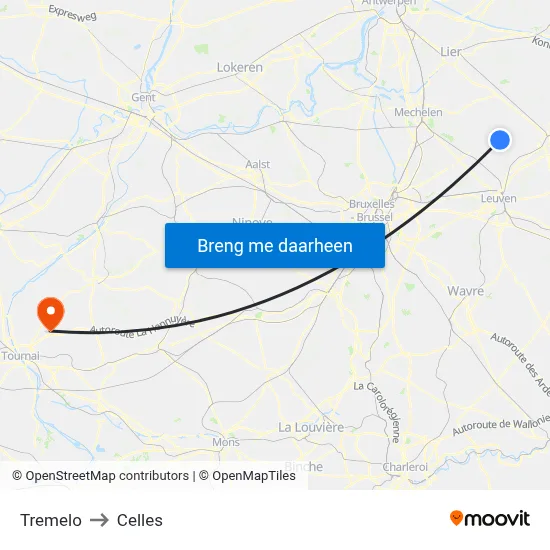 Tremelo to Celles map