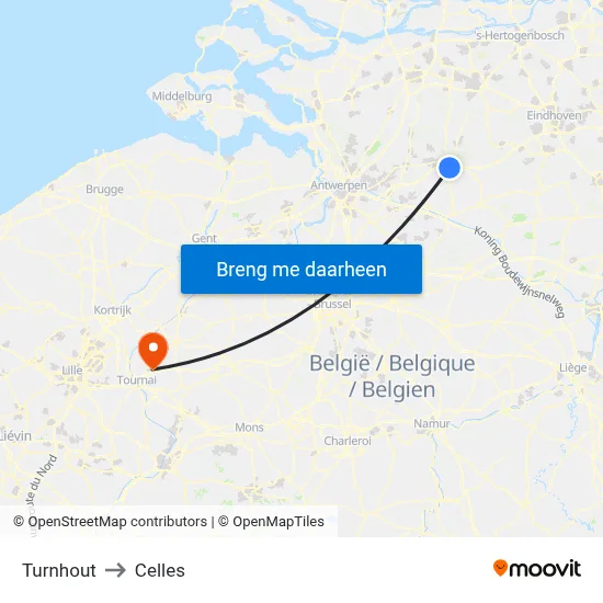 Turnhout to Celles map