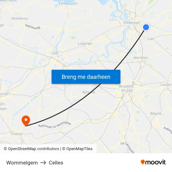 Wommelgem to Celles map
