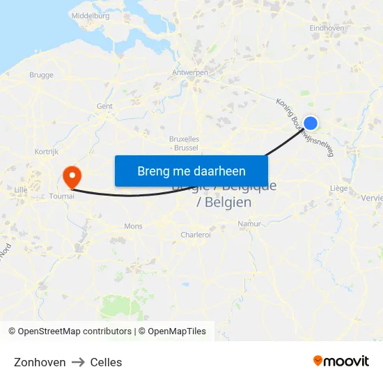 Zonhoven to Celles map