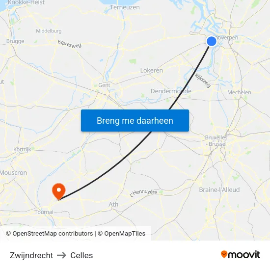 Zwijndrecht to Celles map