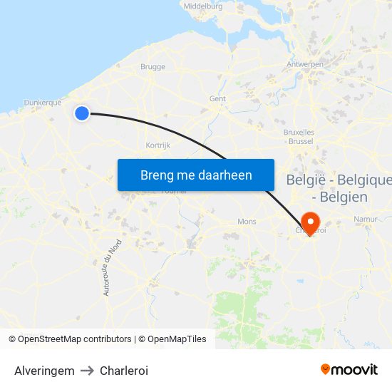 Alveringem to Charleroi map