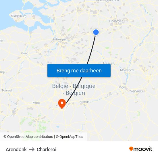 Arendonk to Charleroi map