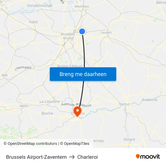 Brussels Airport-Zaventem to Charleroi map