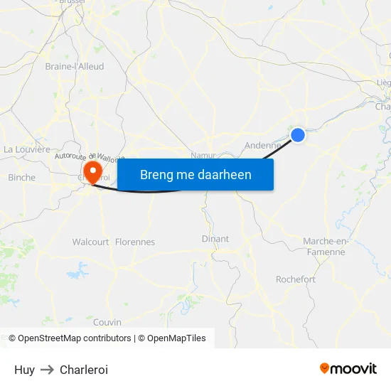 Huy to Charleroi map