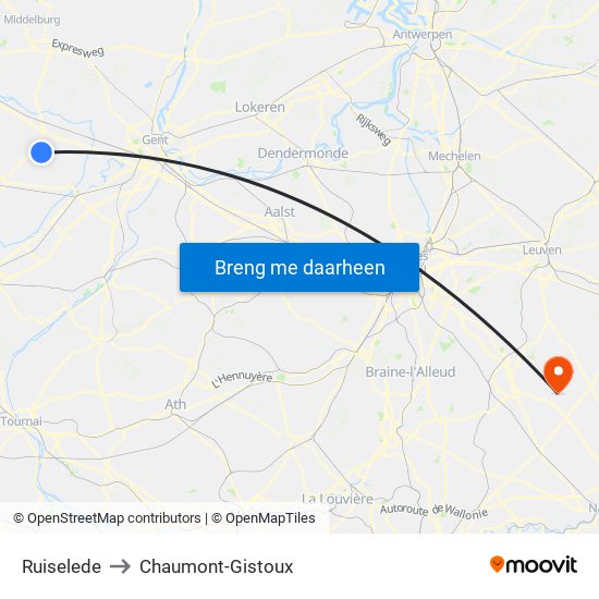 Ruiselede to Chaumont-Gistoux map