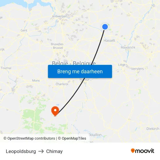 Leopoldsburg to Chimay map