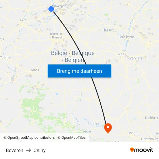 Beveren to Chiny map