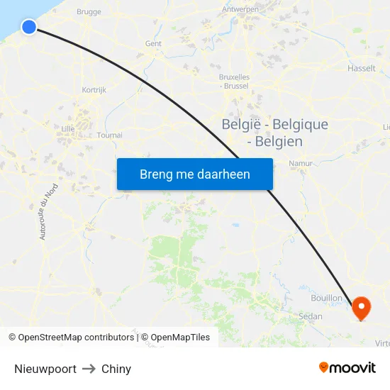 Nieuwpoort to Chiny map