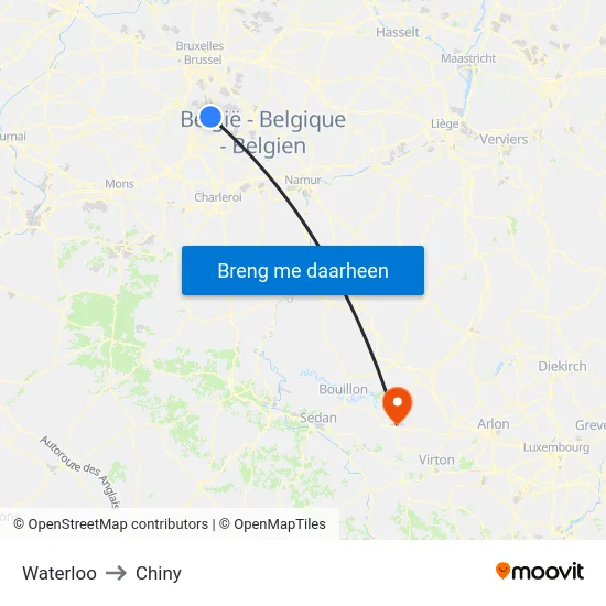 Waterloo to Chiny map