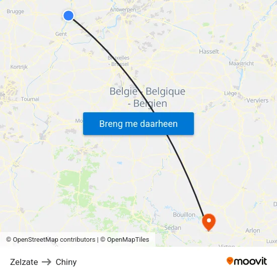Zelzate to Chiny map