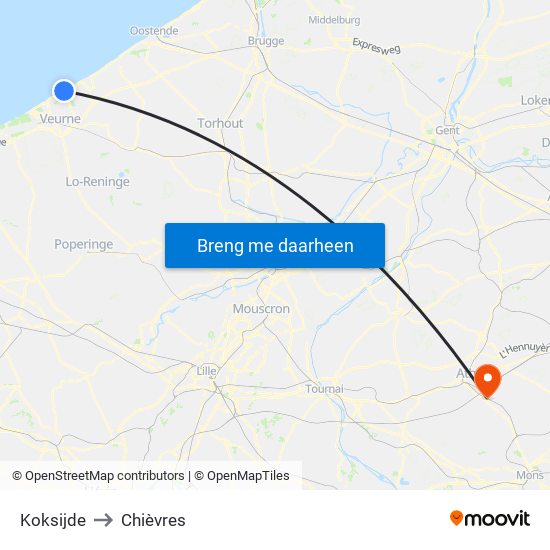 Koksijde to Chièvres map