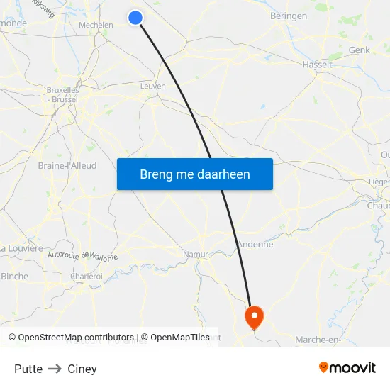 Putte to Ciney map