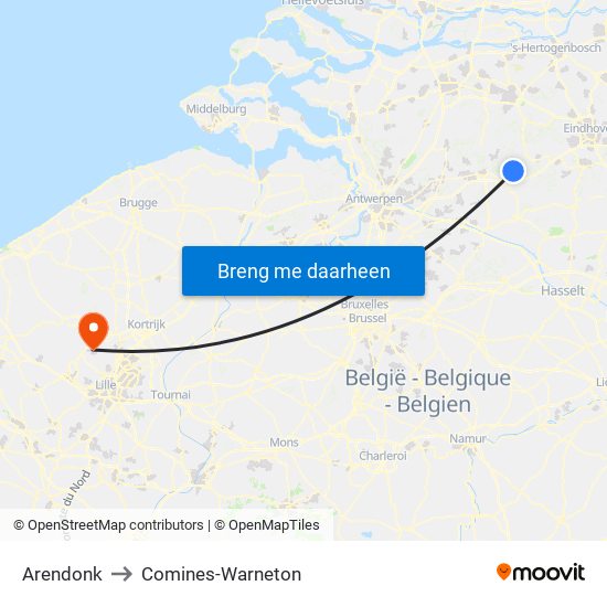 Arendonk to Comines-Warneton map