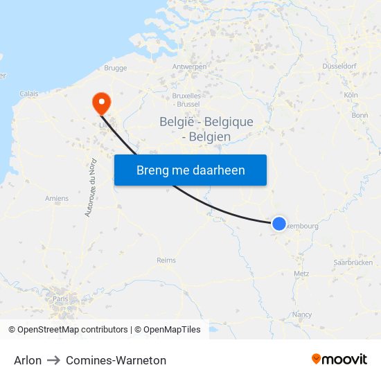 Arlon to Comines-Warneton map