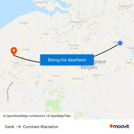 Genk to Comines-Warneton map