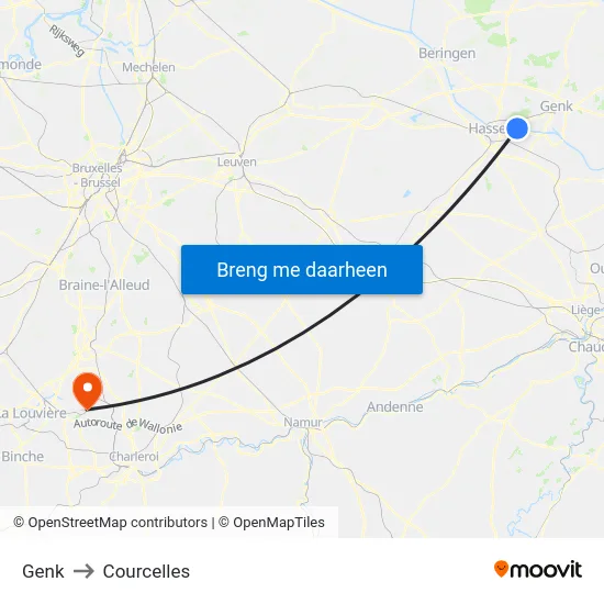 Genk to Courcelles map