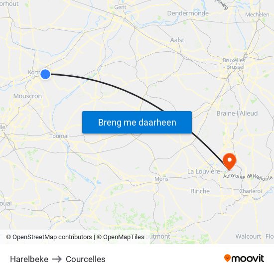 Harelbeke to Courcelles map