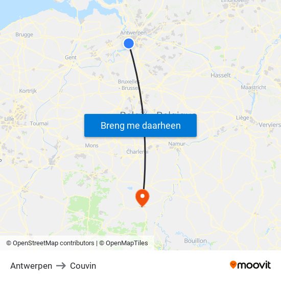 Antwerpen to Couvin map