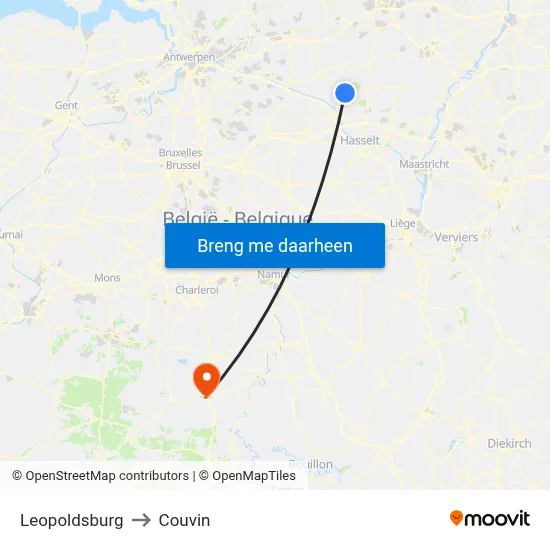 Leopoldsburg to Couvin map