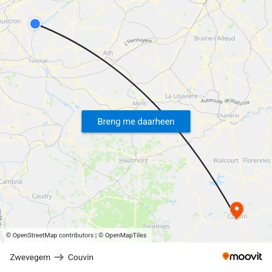 Zwevegem to Couvin map