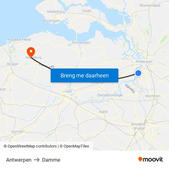 Antwerpen to Damme map