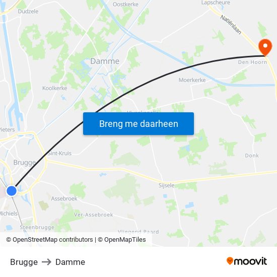 Brugge to Damme map