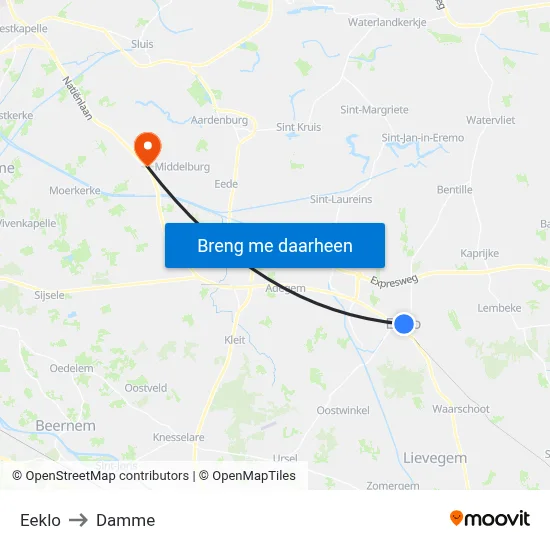 Eeklo to Damme map