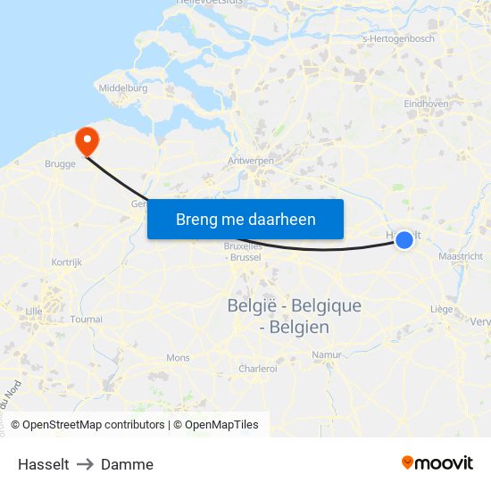 Hasselt to Damme map