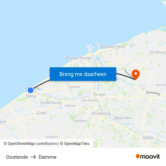 Oostende to Damme map