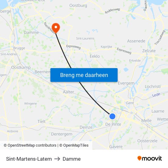 Sint-Martens-Latem to Damme map