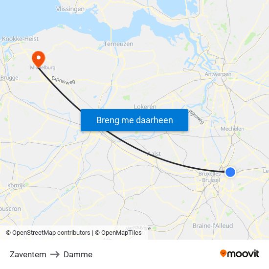 Zaventem to Damme map