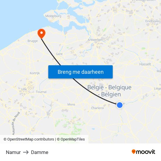 Namur to Damme map