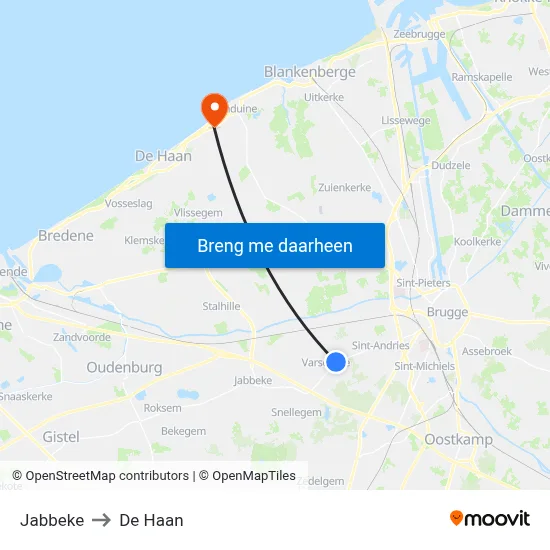 Jabbeke to De Haan map