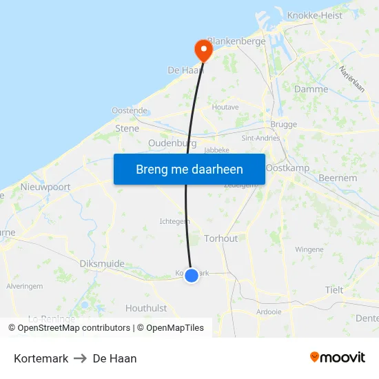 Kortemark to De Haan map