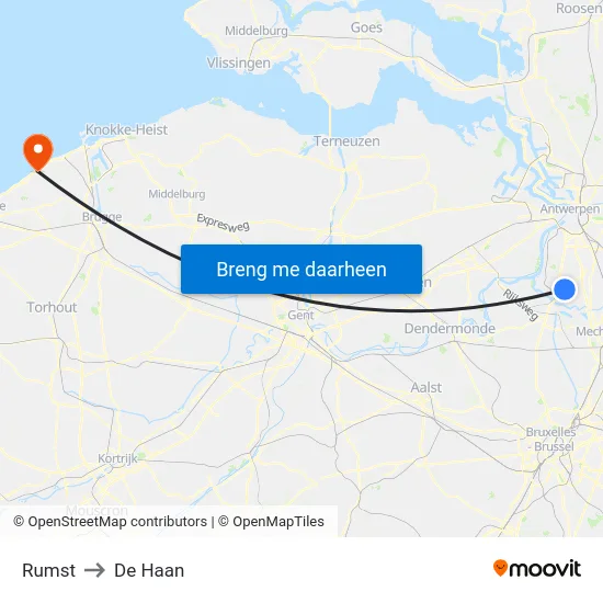 Rumst to De Haan map