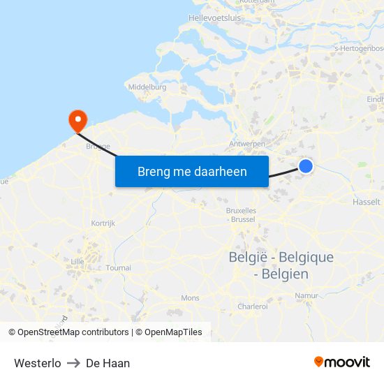 Westerlo to De Haan map