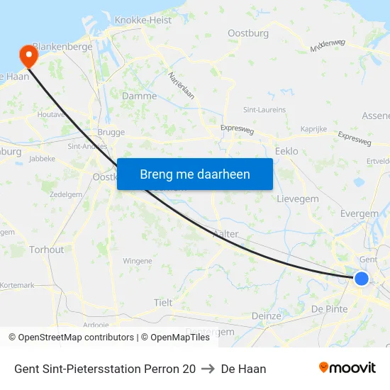 Gent Sint-Pietersstation Perron 20 to De Haan map