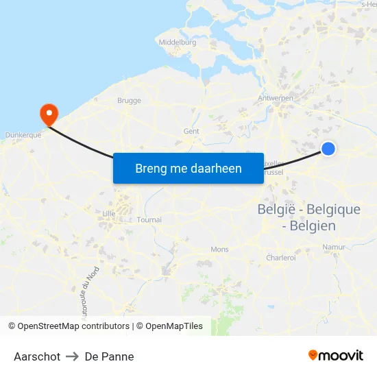 Aarschot to De Panne map