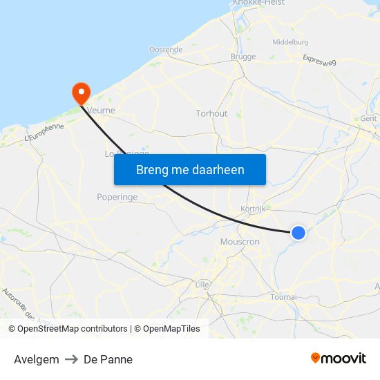 Avelgem to De Panne map