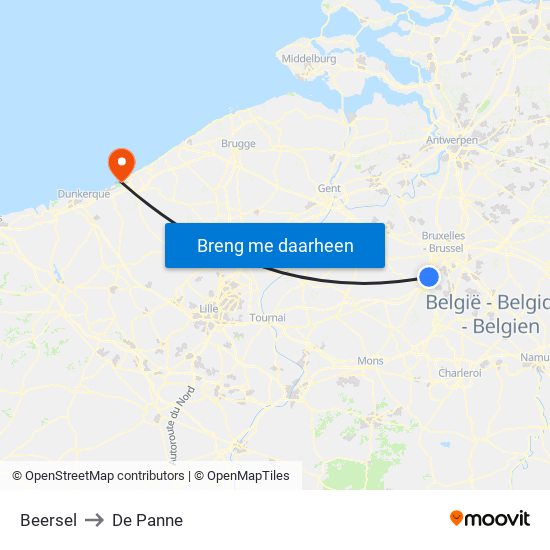 Beersel to De Panne map