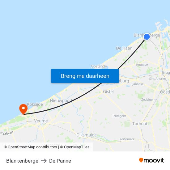 Blankenberge to De Panne map