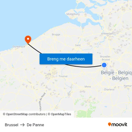 Brussel to De Panne map