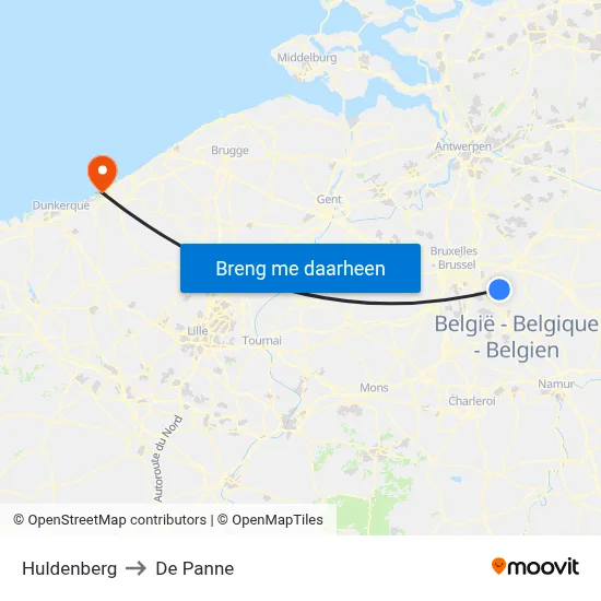 Huldenberg to De Panne map