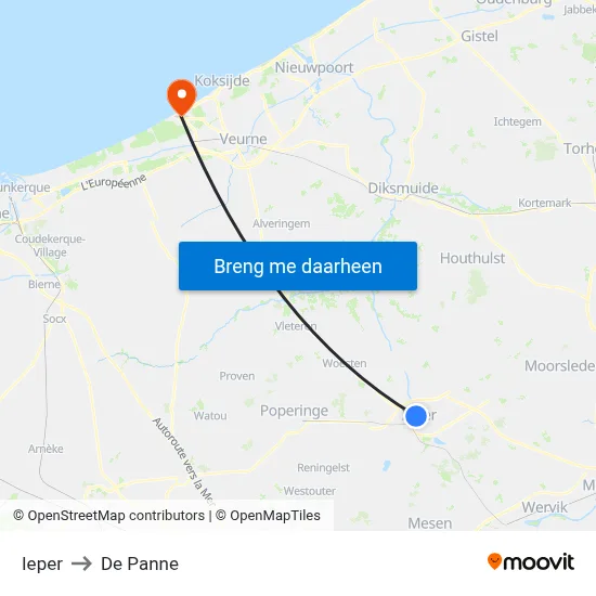 Ieper to De Panne map