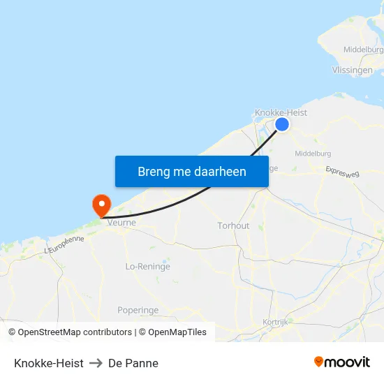 Knokke-Heist to De Panne map