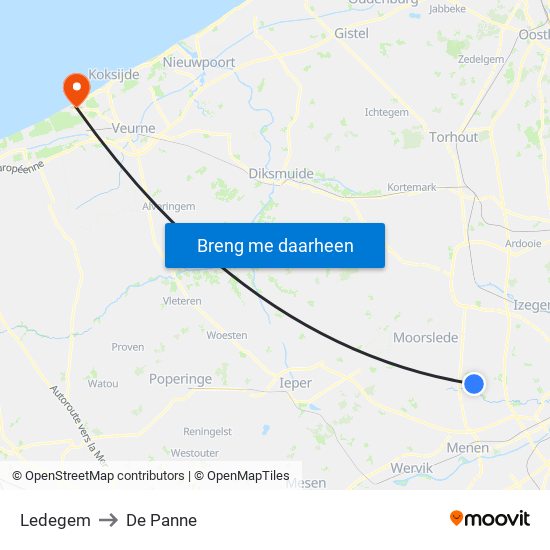 Ledegem to De Panne map