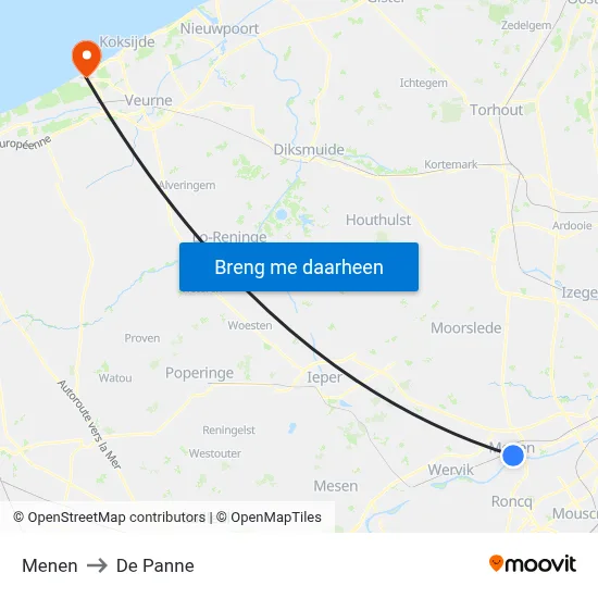 Menen to De Panne map