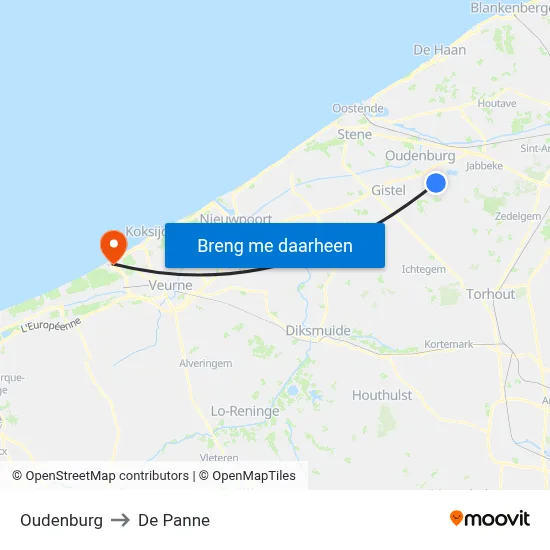 Oudenburg to De Panne map